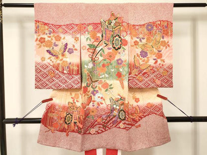 平和屋着物[]お宮参り　女の子　祝着　産着　初着　のしめ　御所車花蝶文　暈し染め　金彩　逸品　DABA3922ma