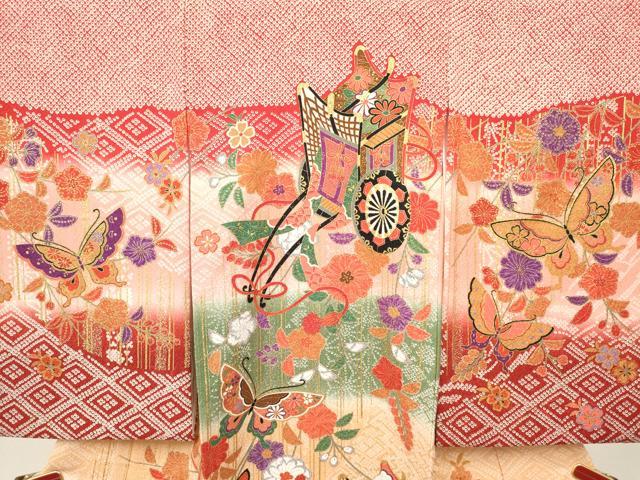 平和屋着物[]お宮参り　女の子　祝着　産着　初着　のしめ　御所車花蝶文　暈し染め　金彩　逸品　DABA3922ma