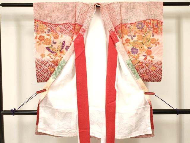 平和屋着物[]お宮参り　女の子　祝着　産着　初着　のしめ　御所車花蝶文　暈し染め　金彩　逸品　DABA3922ma