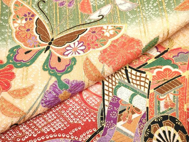 平和屋着物[]お宮参り　女の子　祝着　産着　初着　のしめ　御所車花蝶文　暈し染め　金彩　逸品　DABA3922ma