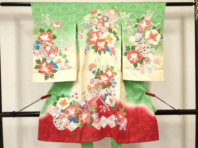 平和屋着物[]お宮参り　女の子　祝着　産着　初着　のしめ　鞠牡丹花文　暈し染め　金彩　逸品　DABA3923ma