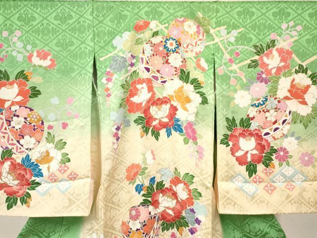 平和屋着物[]お宮参り　女の子　祝着　産着　初着　のしめ　鞠牡丹花文　暈し染め　金彩　逸品　DABA3923ma