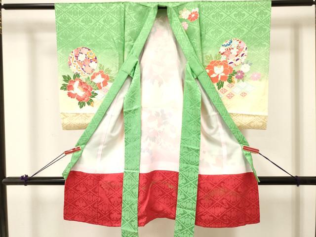 平和屋着物[]お宮参り　女の子　祝着　産着　初着　のしめ　鞠牡丹花文　暈し染め　金彩　逸品　DABA3923ma