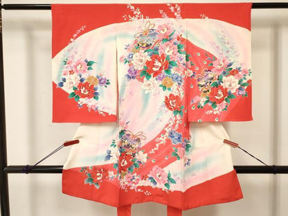 平和屋着物[]お宮参り　女の子　祝着　産着　初着　のしめ　鞠花蝶文　暈し染め　金銀彩　逸品　DABA3924ma