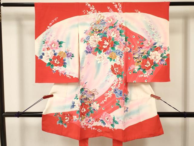 平和屋着物[]お宮参り　女の子　祝着　産着　初着　のしめ　鞠花蝶文　暈し染め　金銀彩　逸品　DABA3924ma