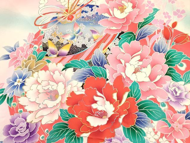 平和屋着物[]お宮参り　女の子　祝着　産着　初着　のしめ　鞠花蝶文　暈し染め　金銀彩　逸品　DABA3924ma