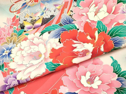 平和屋着物[]お宮参り　女の子　祝着　産着　初着　のしめ　鞠花蝶文　暈し染め　金銀彩　逸品　DABA3924ma