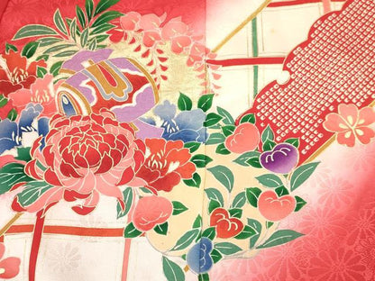 平和屋着物[]お宮参り　女の子　祝着　産着　初着　のしめ　駒刺繍　糸車　御所車花蝶文　暈し染め　金彩　逸品　DABA3925ma