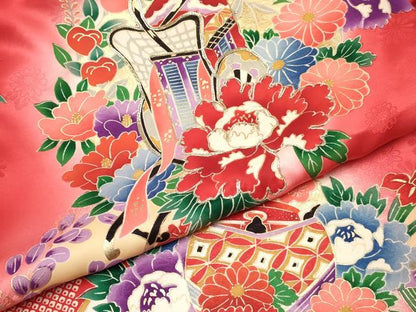 平和屋着物[]お宮参り　女の子　祝着　産着　初着　のしめ　駒刺繍　糸車　御所車花蝶文　暈し染め　金彩　逸品　DABA3925ma