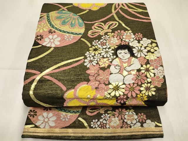 平和屋着物[]七五三　子供　女の子　丸帯　鞠　童子花丸文　金糸　逸品　DABA3927ma