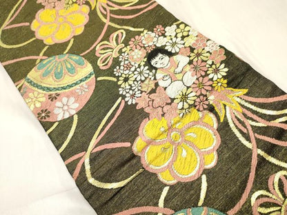 平和屋着物[]七五三　子供　女の子　丸帯　鞠　童子花丸文　金糸　逸品　DABA3927ma