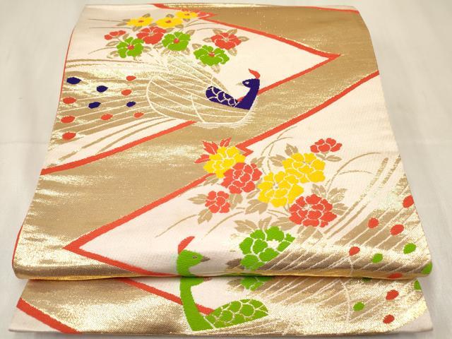 平和屋着物[]七五三　子供　女の子　全通柄袋帯　孔雀花文　金糸　逸品　DABA3929ma