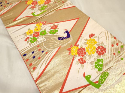 平和屋着物[]七五三　子供　女の子　全通柄袋帯　孔雀花文　金糸　逸品　DABA3929ma