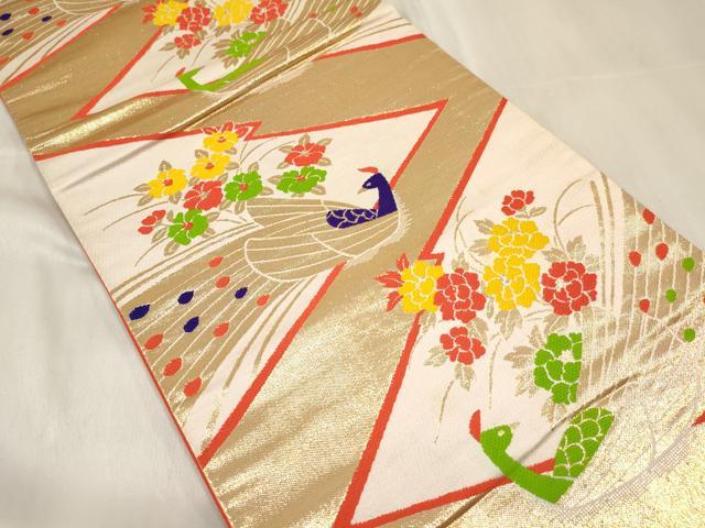 平和屋着物[]七五三　子供　女の子　全通柄袋帯　孔雀花文　金糸　逸品　DABA3929ma