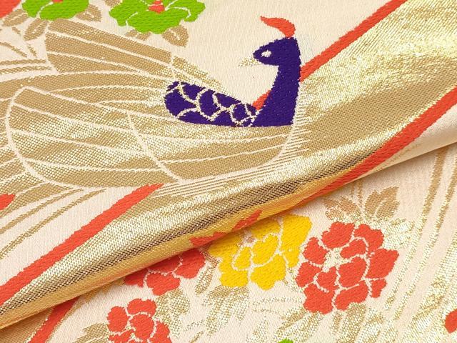 平和屋着物[]七五三　子供　女の子　全通柄袋帯　孔雀花文　金糸　逸品　DABA3929ma
