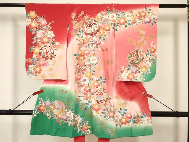 平和屋着物[]七五三　女の子　３歳　祝着　三つ身　長襦袢(袷)セット　鞠花文　暈し染め　金銀彩　逸品　DABA3931ma