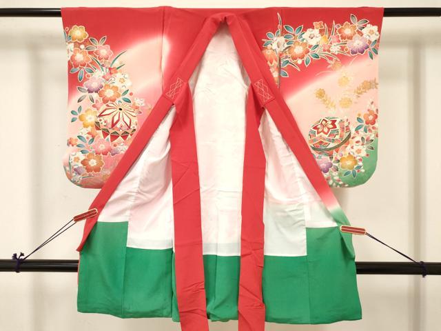 平和屋着物[]七五三　女の子　３歳　祝着　三つ身　長襦袢(袷)セット　鞠花文　暈し染め　金銀彩　逸品　DABA3931ma