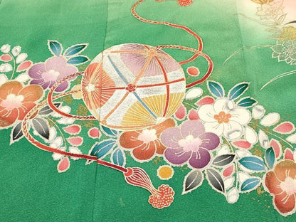 平和屋着物[]七五三　女の子　３歳　祝着　三つ身　長襦袢(袷)セット　鞠花文　暈し染め　金銀彩　逸品　DABA3931ma