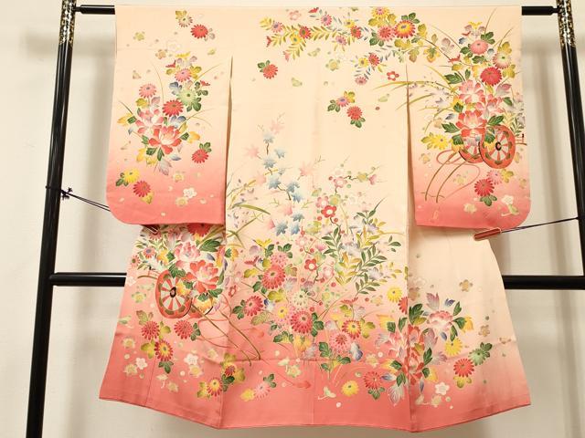平和屋着物[]七五三　女の子　７歳　祝着　四つ身　友禅　花車文　暈し染め　逸品　DABA3935ma