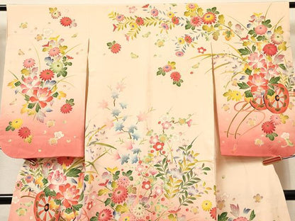 平和屋着物[]七五三　女の子　７歳　祝着　四つ身　友禅　花車文　暈し染め　逸品　DABA3935ma