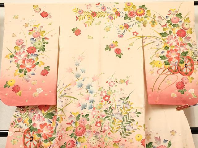 平和屋着物[]七五三　女の子　７歳　祝着　四つ身　友禅　花車文　暈し染め　逸品　DABA3935ma
