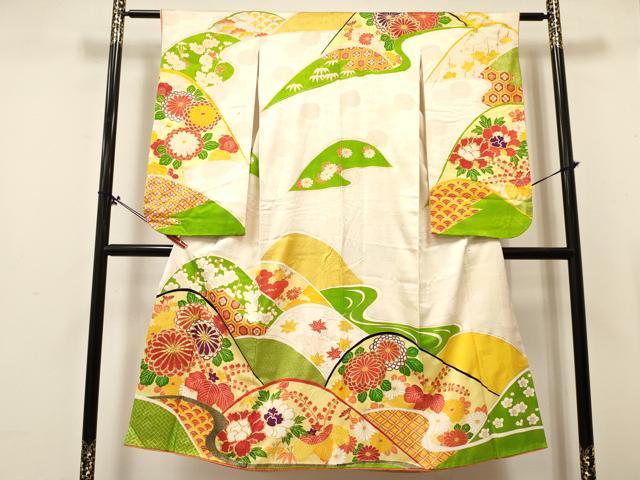 平和屋着物[]七五三　女の子　７歳　祝着　四つ身　駒刺繍　重ね山花文　金彩　逸品　DABA3937ma