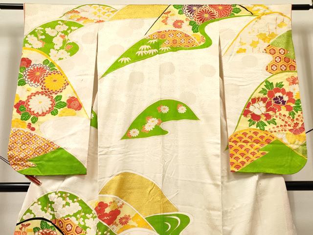 平和屋着物[]七五三　女の子　７歳　祝着　四つ身　駒刺繍　重ね山花文　金彩　逸品　DABA3937ma