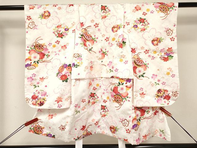 平和屋着物[]七五三　女の子　３歳　祝着　三つ身　長襦袢(単衣)・被布・小物セット　鞠花文　金彩　箱付き　DABA3945ma