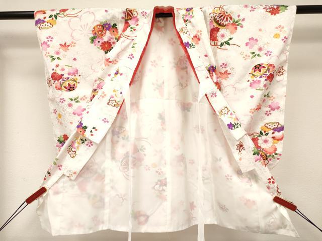 平和屋着物[]七五三　女の子　３歳　祝着　三つ身　長襦袢(単衣)・被布・小物セット　鞠花文　金彩　箱付き　DABA3945ma