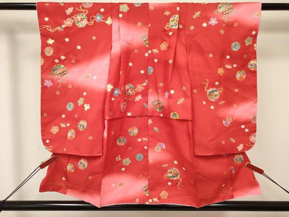 平和屋着物[]七五三　女の子　３歳　祝着　三つ身　被布セット　鞠花文　暈し染め　金彩　洗える着物　DABA3951ma