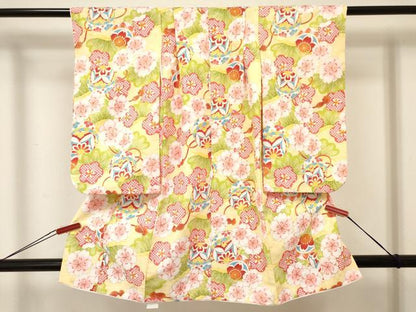 平和屋着物[]七五三　女の子　３歳　祝着　三つ身　被布セット　鞠花松文　金彩　DABA3952ma