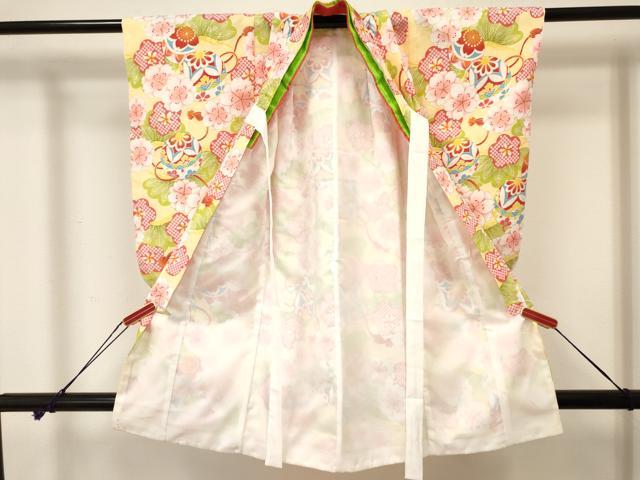 平和屋着物[]七五三　女の子　３歳　祝着　三つ身　被布セット　鞠花松文　金彩　DABA3952ma