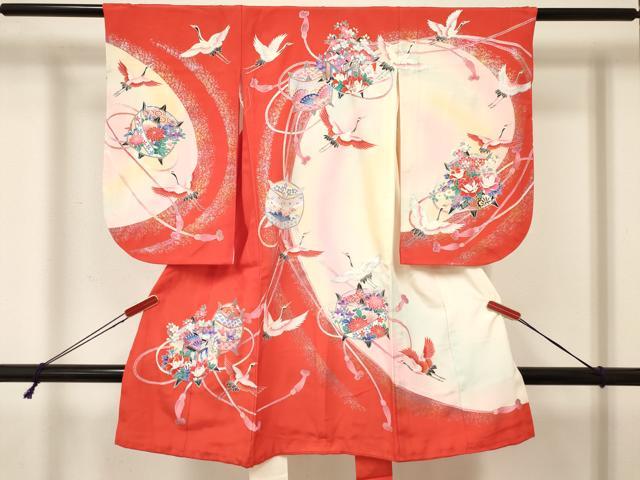 平和屋着物[]七五三　女の子　３歳　祝着　三つ身　長襦袢(袷)セット　糸車　御所車飛鶴花文　暈し染め　金銀彩　逸品　DABA3954ma