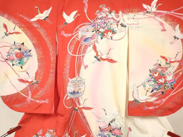 平和屋着物[]七五三　女の子　３歳　祝着　三つ身　長襦袢(袷)セット　糸車　御所車飛鶴花文　暈し染め　金銀彩　逸品　DABA3954ma