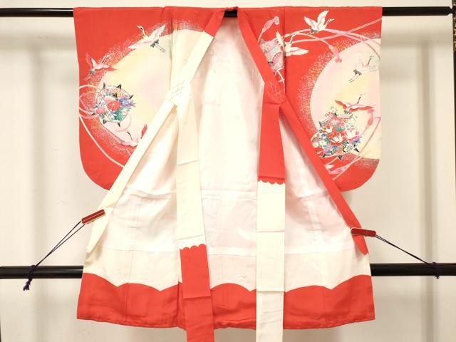 平和屋着物[]七五三　女の子　３歳　祝着　三つ身　長襦袢(袷)セット　糸車　御所車飛鶴花文　暈し染め　金銀彩　逸品　DABA3954ma