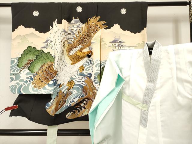 平和屋着物[]七五三　男の子　祝着・長襦袢(袷)セット　駒刺繍　鷹　鷲　風景立波松文　金彩　逸品　DABA3956ma
