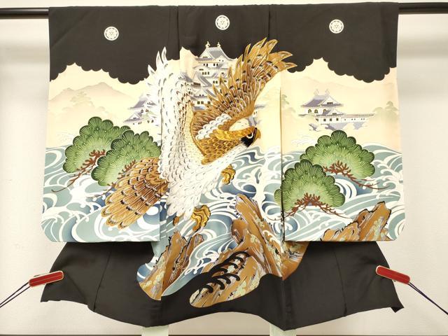 平和屋着物[]七五三　男の子　祝着・長襦袢(袷)セット　駒刺繍　鷹　鷲　風景立波松文　金彩　逸品　DABA3956ma
