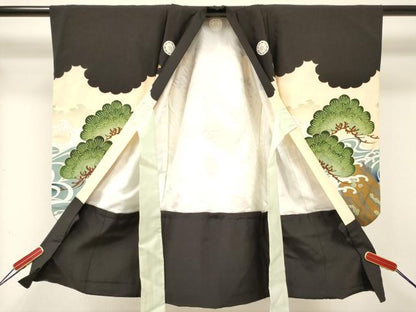 平和屋着物[]七五三　男の子　祝着・長襦袢(袷)セット　駒刺繍　鷹　鷲　風景立波松文　金彩　逸品　DABA3956ma