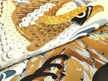 平和屋着物[]七五三　男の子　祝着・長襦袢(袷)セット　駒刺繍　鷹　鷲　風景立波松文　金彩　逸品　DABA3956ma
