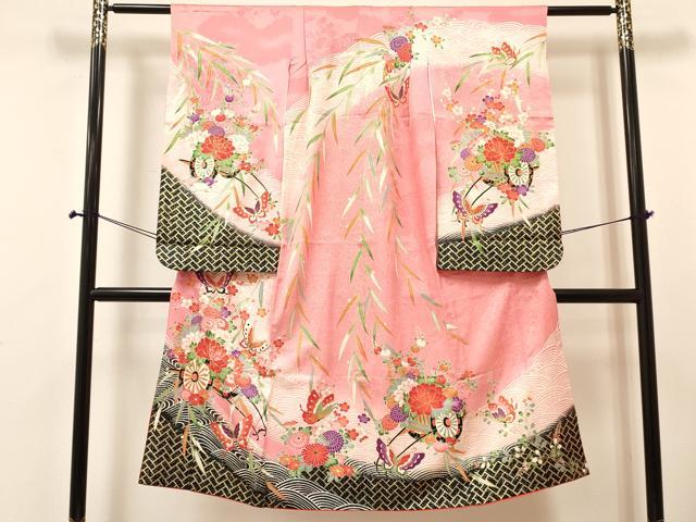平和屋着物[]七五三　女の子　７歳　祝着　四つ身　長襦袢(単衣・半衿刺繍)セット　舞蝶花車文　暈し染め　金彩　逸品　DABA3959ma