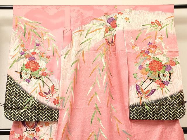 平和屋着物[]七五三　女の子　７歳　祝着　四つ身　長襦袢(単衣・半衿刺繍)セット　舞蝶花車文　暈し染め　金彩　逸品　DABA3959ma