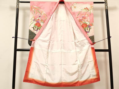 平和屋着物[]七五三　女の子　７歳　祝着　四つ身　長襦袢(単衣・半衿刺繍)セット　舞蝶花車文　暈し染め　金彩　逸品　DABA3959ma