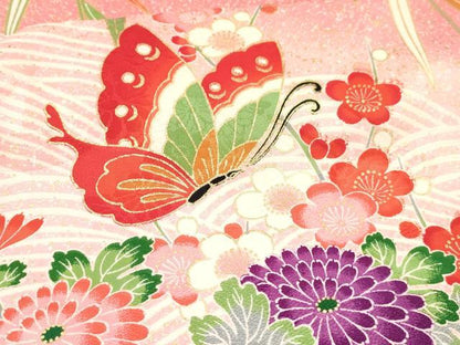 平和屋着物[]七五三　女の子　７歳　祝着　四つ身　長襦袢(単衣・半衿刺繍)セット　舞蝶花車文　暈し染め　金彩　逸品　DABA3959ma