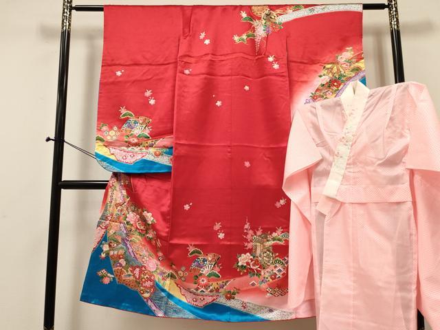 平和屋着物[]七五三　女の子　７歳　祝着　四つ身　襦袢(単衣・半衿刺繍)セット　扇面花蝶御所車文　暈し染め　金彩　DABA3960ma