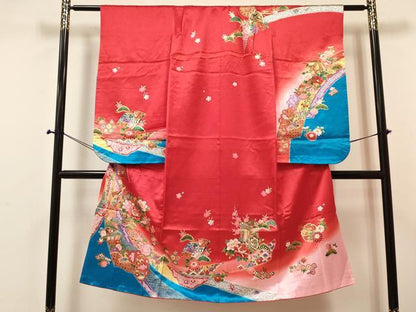 平和屋着物[]七五三　女の子　７歳　祝着　四つ身　襦袢(単衣・半衿刺繍)セット　扇面花蝶御所車文　暈し染め　金彩　DABA3960ma
