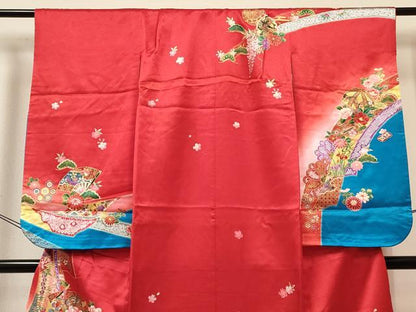 平和屋着物[]七五三　女の子　７歳　祝着　四つ身　襦袢(単衣・半衿刺繍)セット　扇面花蝶御所車文　暈し染め　金彩　DABA3960ma