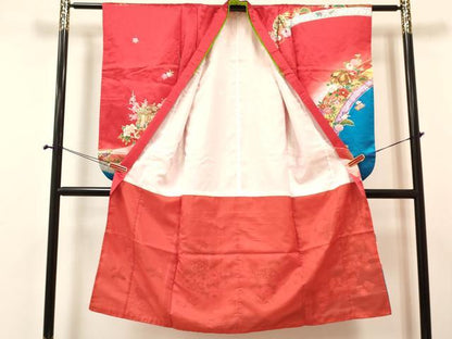 平和屋着物[]七五三　女の子　７歳　祝着　四つ身　襦袢(単衣・半衿刺繍)セット　扇面花蝶御所車文　暈し染め　金彩　DABA3960ma