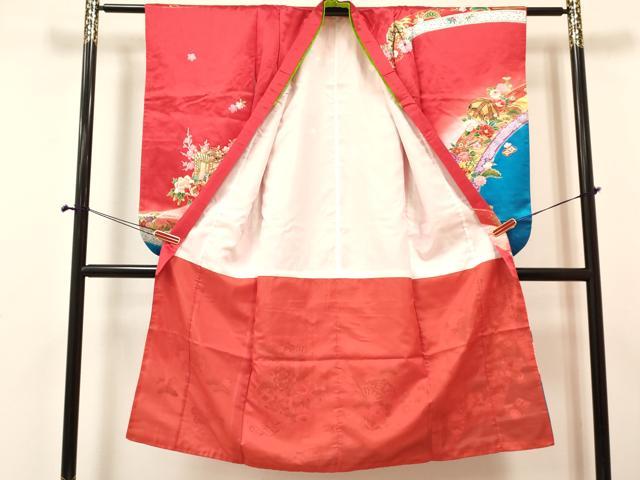 平和屋着物[]七五三　女の子　７歳　祝着　四つ身　襦袢(単衣・半衿刺繍)セット　扇面花蝶御所車文　暈し染め　金彩　DABA3960ma