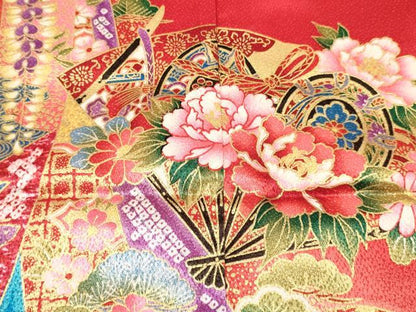 平和屋着物[]七五三　女の子　７歳　祝着　四つ身　襦袢(単衣・半衿刺繍)セット　扇面花蝶御所車文　暈し染め　金彩　DABA3960ma