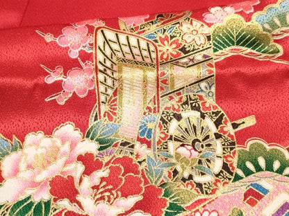 平和屋着物[]七五三　女の子　７歳　祝着　四つ身　襦袢(単衣・半衿刺繍)セット　扇面花蝶御所車文　暈し染め　金彩　DABA3960ma